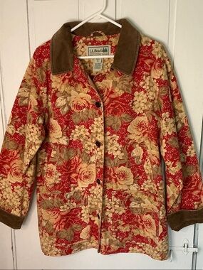 L.L. Bean Red Floral Canvas Barn Jacket with Brown Corduroy Collar